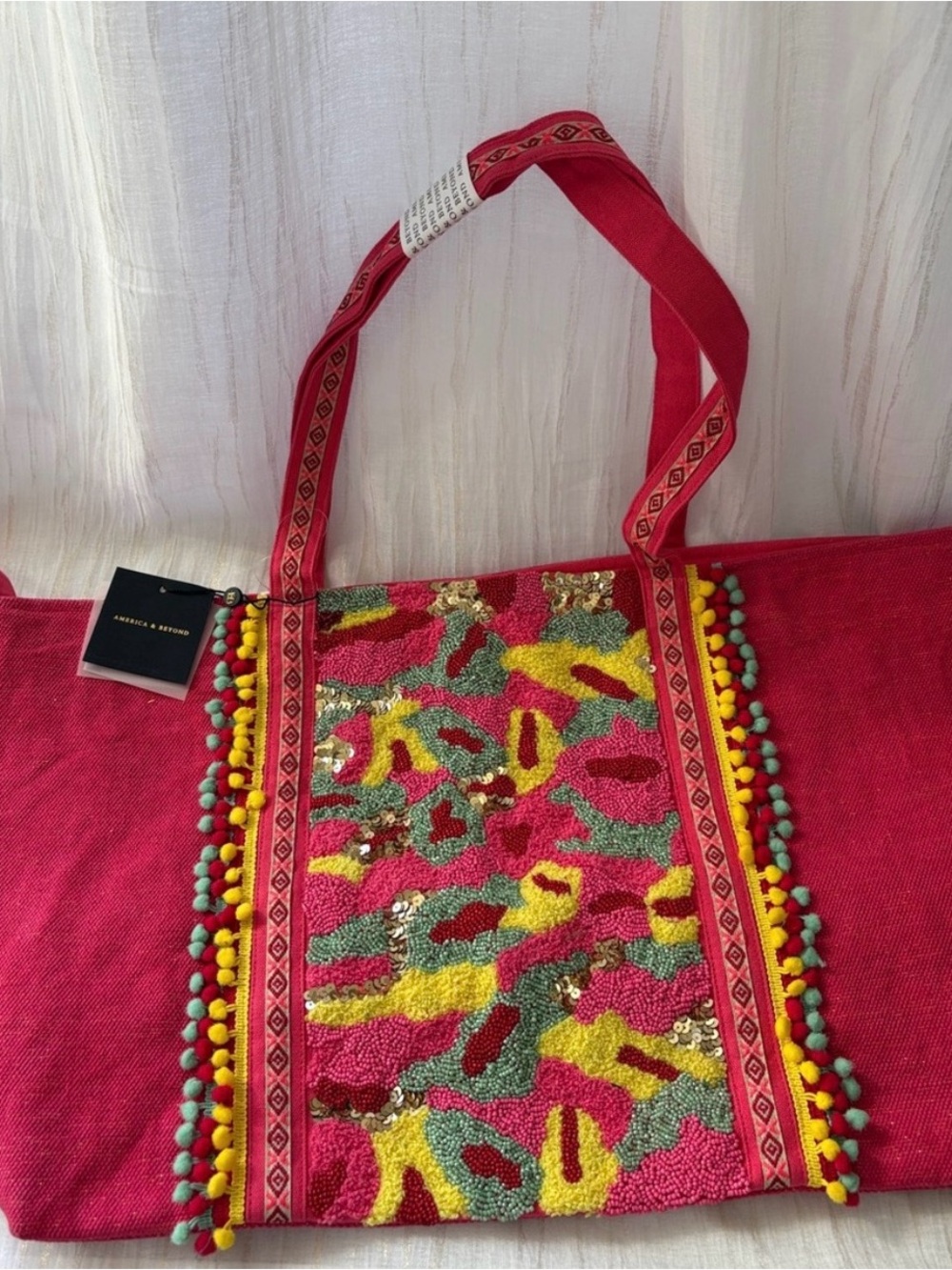 Bright Pink Embroidered Pom-Pom Tote Bag
